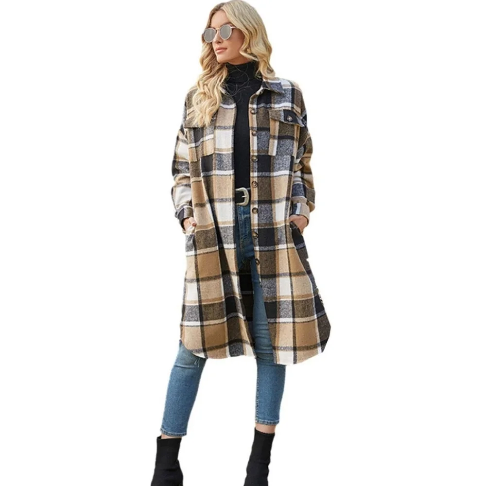 Women's Casual Plaid Long Shacket Shirt Jacket Button Front Oversized Lapel Coat